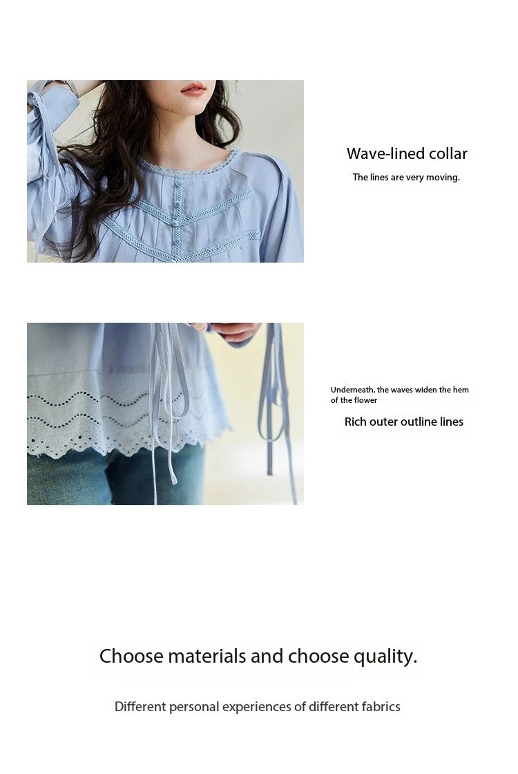 MISHOW Blue Lace Patchwork Shirt for Women 2025 Spring Sleeve Lace-up Hem Wave Edge Top Lantern Sleeve Loose Shirt MXE14X1716