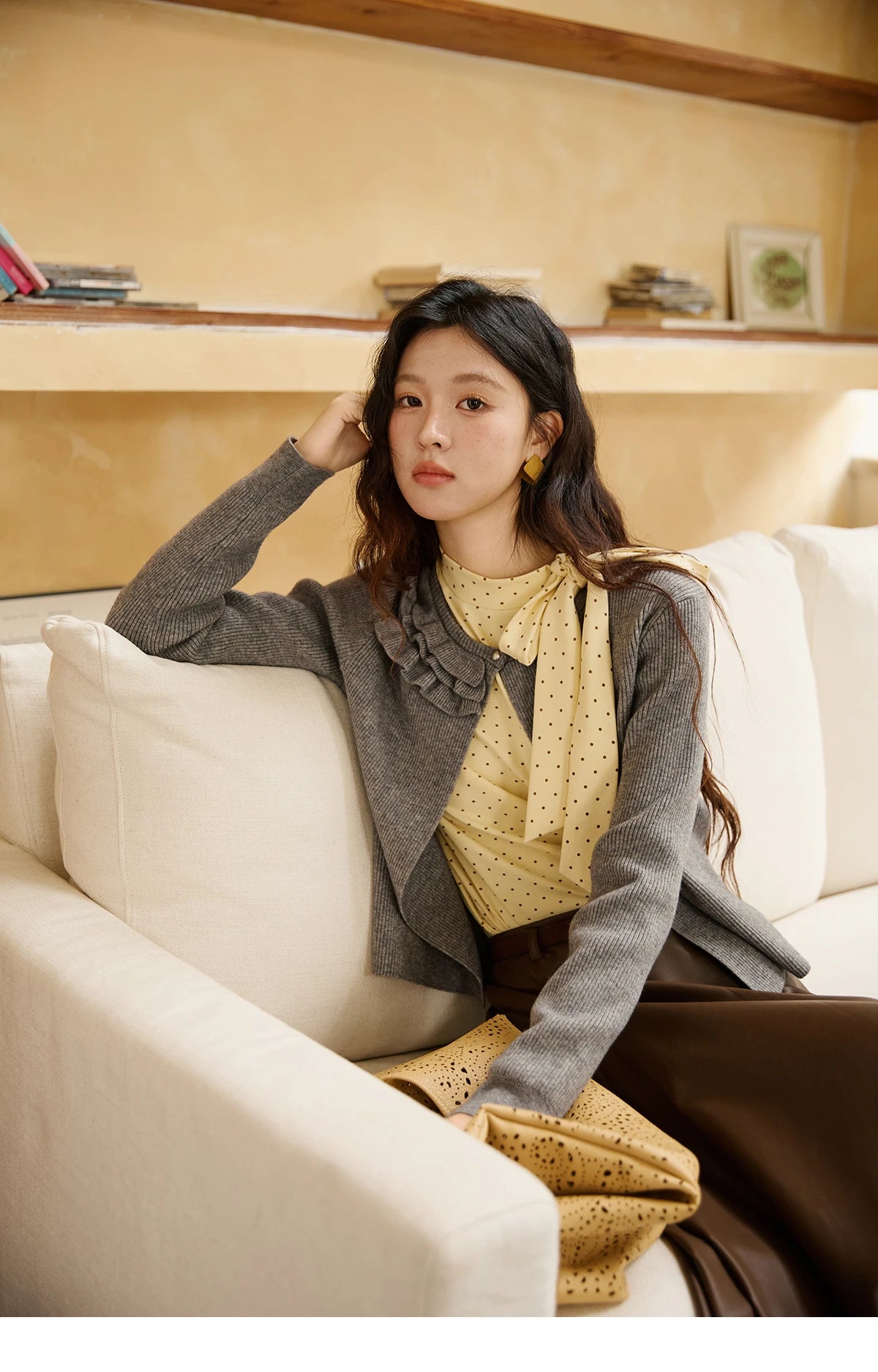MISHOW Gray Knitted Cardigan Women 2025 Autumn Winter New Ruffled Collar Floral Yarn Striped Loose Lazy Casual Tops MXE45Z1378