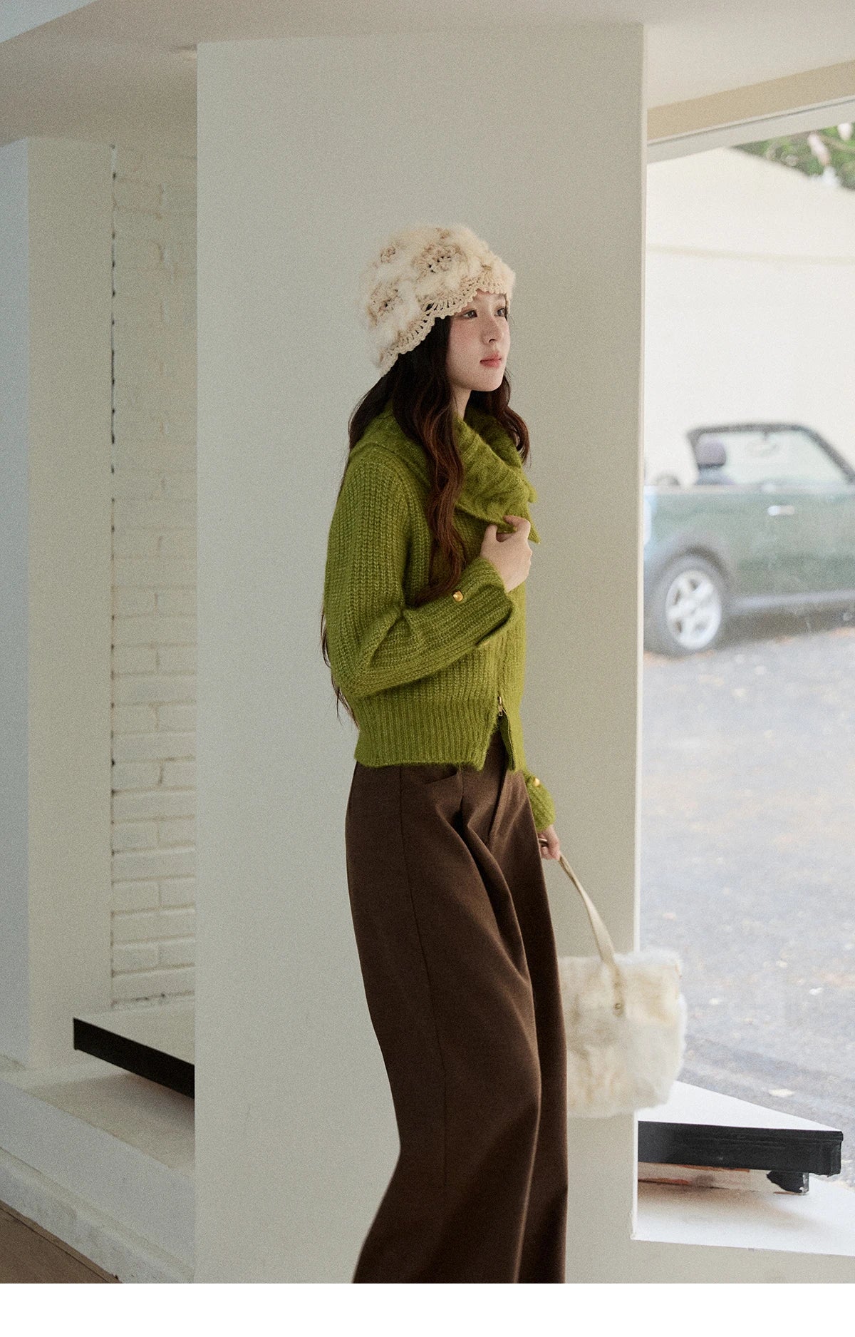 MISHOW Woman Green Sweater 2025 Winter Wool Blend Long-pile Large Lapel Knit Top Loose Design Commute Pullovers MXE90Z2760