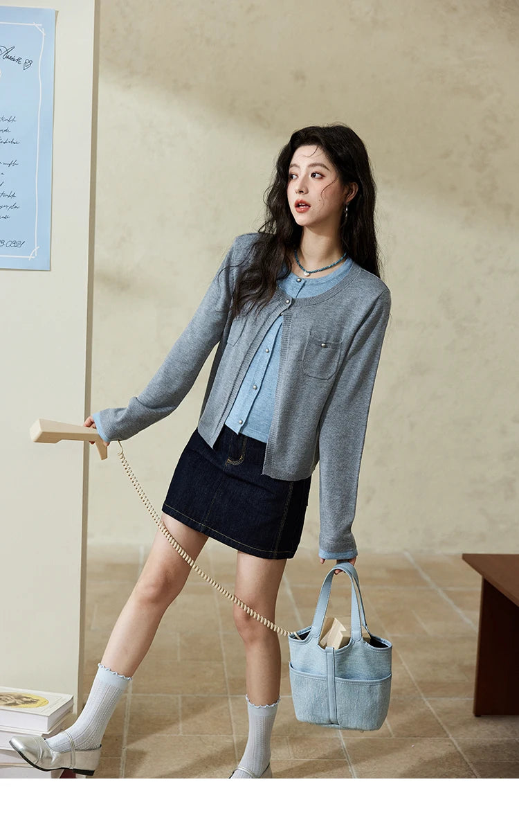 MISHOW Wool Knitted Cardigan Fake Two-piece Contrasting 2025 Spring Women Slim Fit Top O Neck Patch Pocket Sweaters MXE12Z1144