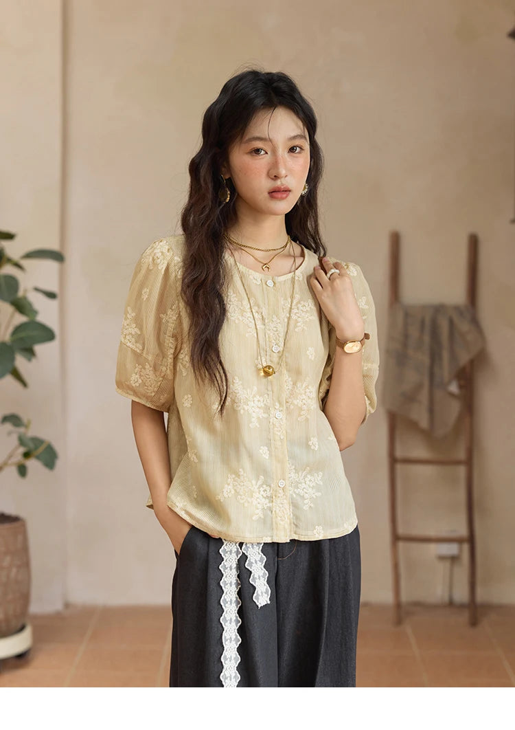 MISHOW French Retro Embroidered Floral Blouse for Women Summer 2025 Round Neck Single Breasted Top Puff Sleeve Blouse MXE36X1874