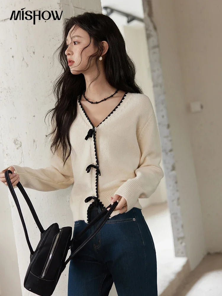 MISHOW Simple Knitted Cardigan Women V-Neck Single Breasted Bow Sweater Jacket Elegant French Long Sleeve Knitted Top MXD34Z0938