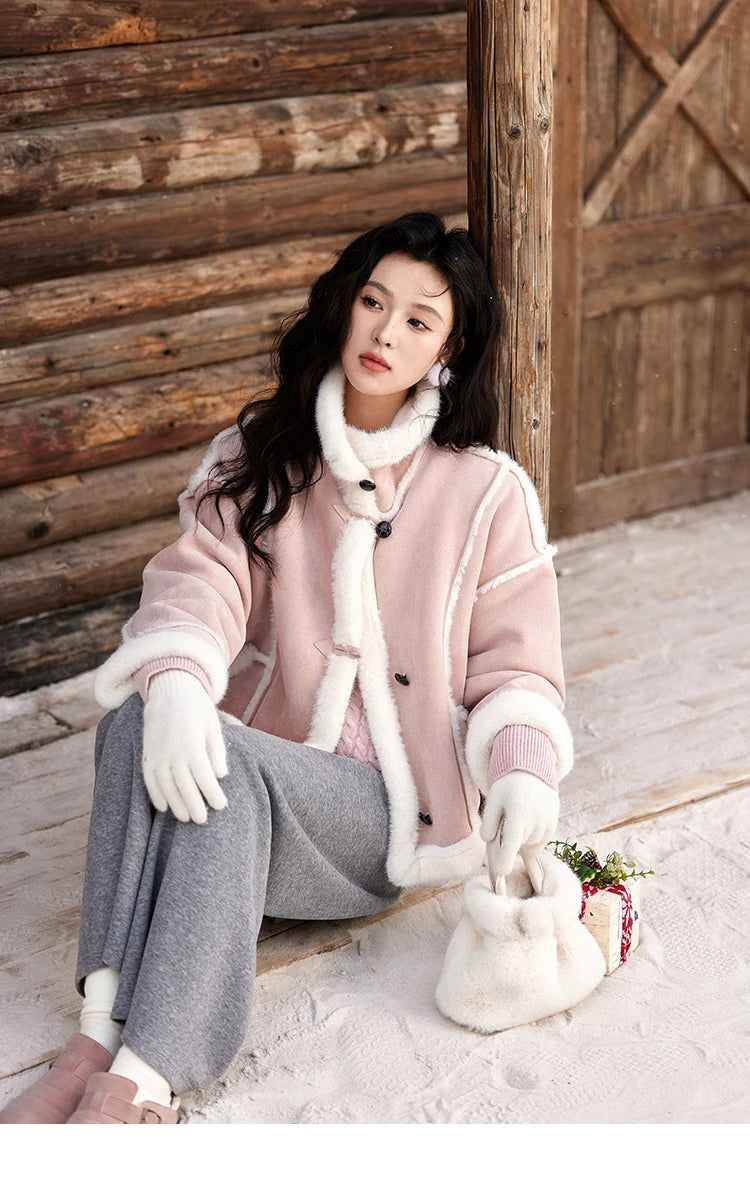 MISHOW Leather Fur Coat Fur Collar with Bag Women Winter Clothes Suede Plush Jacket Pocket Soft Thickened Warm Tops MXD57W0737