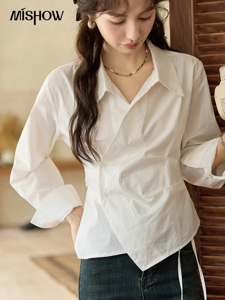 MISHOW French Side Placket Asymmetric Shirt Autumn 2025 Pleated Waist Lapel Shirts Long Sleeve Loose Commuter Tops MXD45C0357