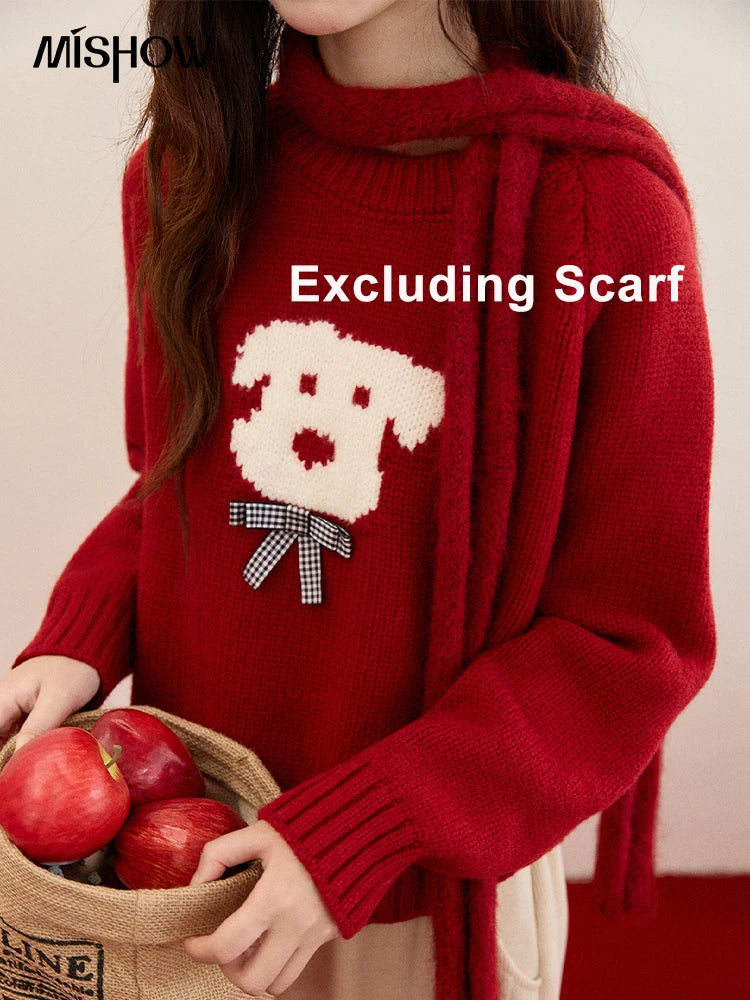 MISHOW New Year Women's Puppy Jacquard Crew Neck Knit Sweater 2026 Spring Loose Casual Red Sweater Excluding Scarf MXE93Z2932