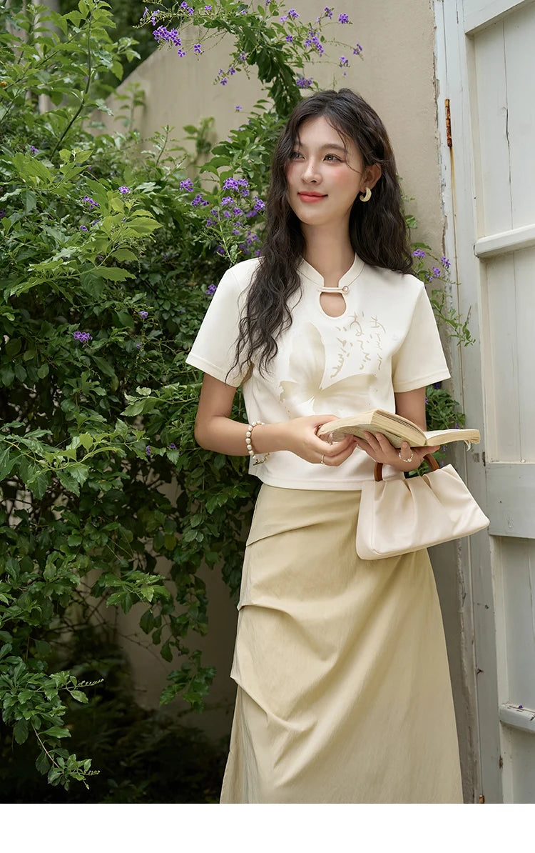 MISHOW Chinese Stand Collar Top Pleated Skirt Separately 2024 Summer Short Ink Painting Printed T-shirt A-line Skirt MXD27T0272