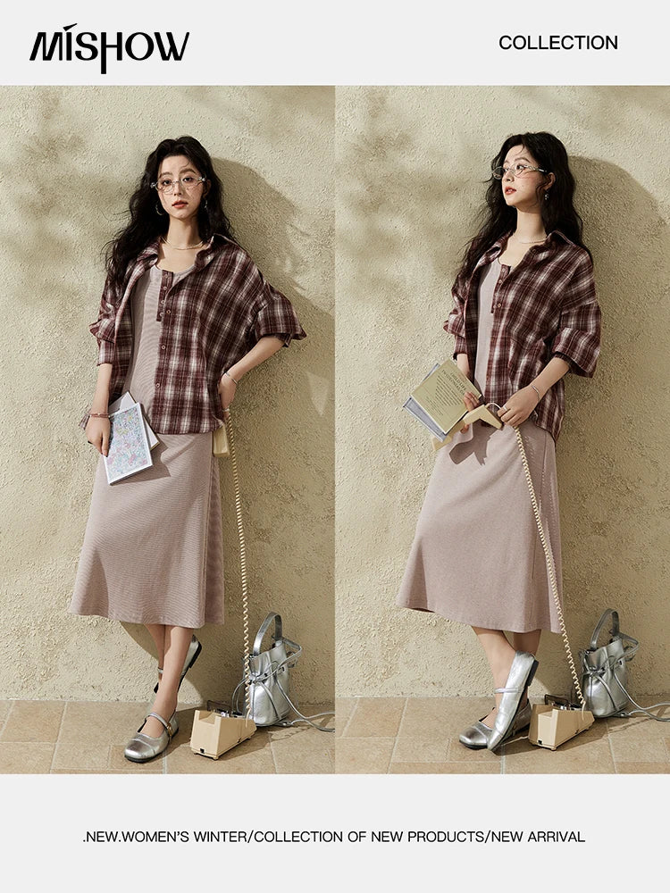 MISHOW Women's Plaid Shirt Grey Vest Dress Separately Spring Lapel Collar Shirt U-neck Sleeveless Dresses (Not A Set) MXE13L2093
