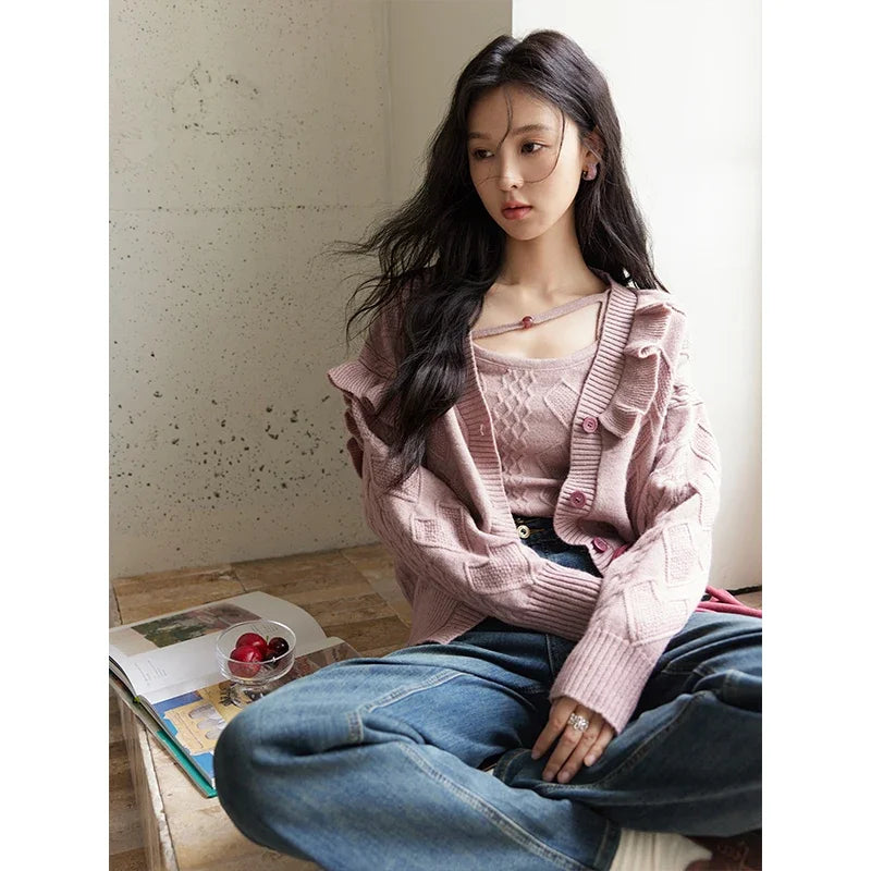 MISHOW Pink Knitwear Camisole Cardigan Separately 2024 Fall Fashion Sweet Knitted Vest Asymmetric Flounce Sweaters MXD45Z0781