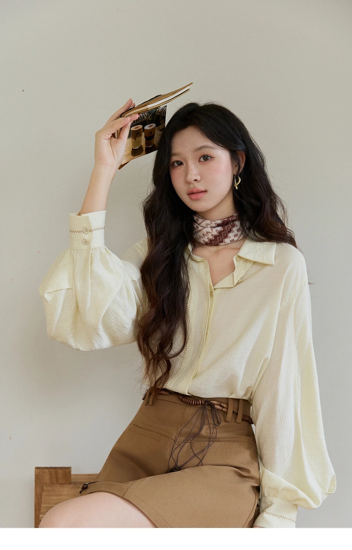 MISHOW Women's Lapel Lantern Sleeve Shirts 2026 Spring Lace Trim Casual Loose Breathable Solid Shirt Office Lady MXF13C2436