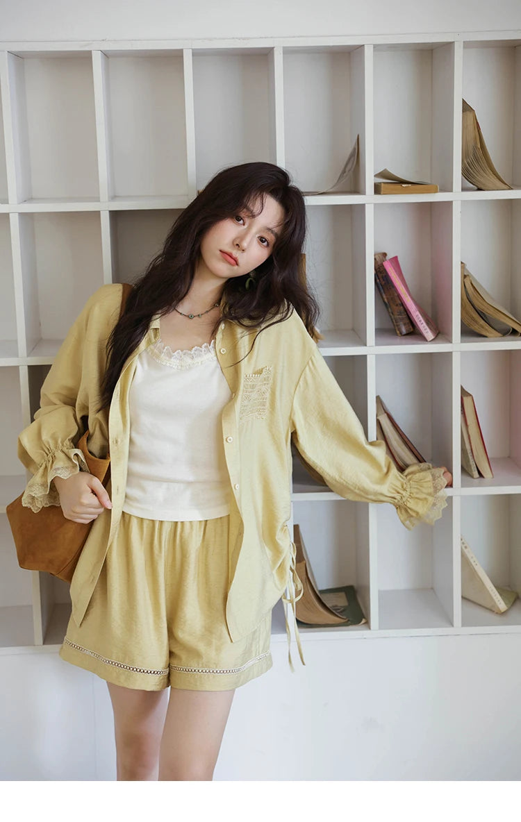 MISHOW Yellow Linen Three Piece Solid Splicing Lace Shirt Camisole Elastic Waist Shorts Vintage Hollowed Out Lace Set MXE42T0718