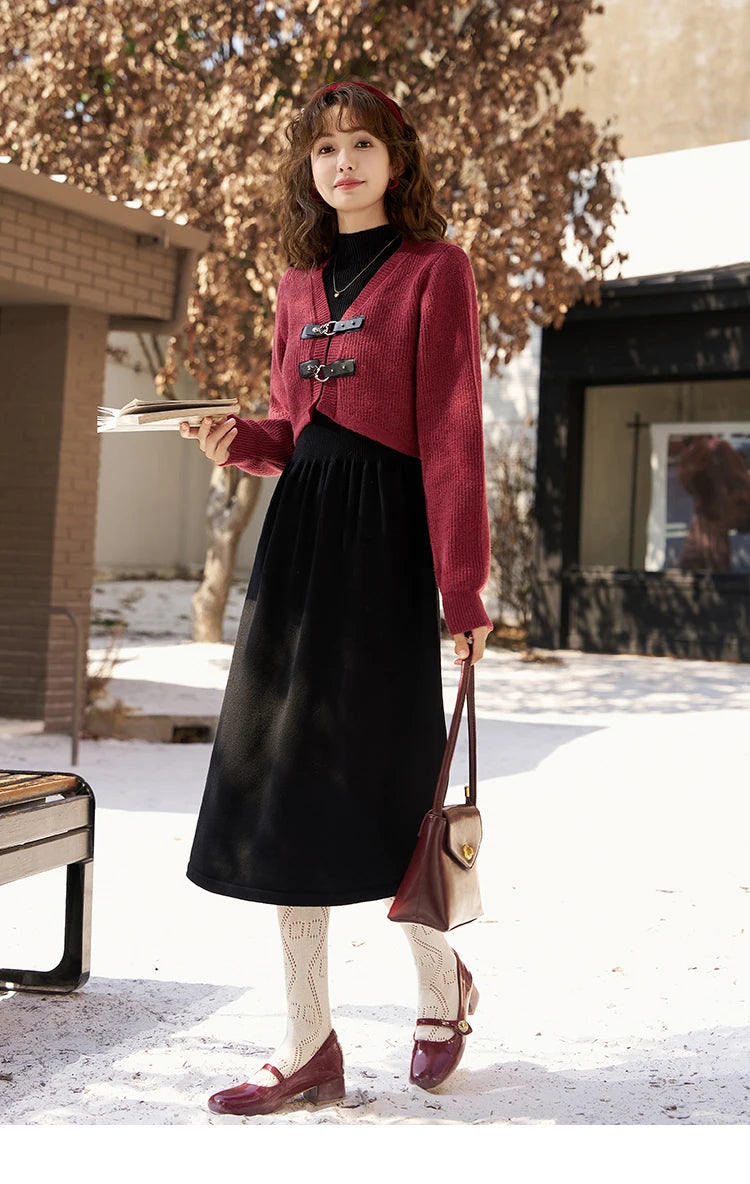 MISHOW Knitted Dress Solid Cardigan Separately Women Winter V Neck Sweater Midi A-line High Waist Dress Short Tops MXC59L1646