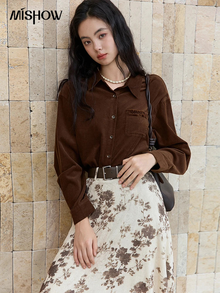 MISHOW Brown Corduroy Shirt Women 2025 Retro Long Sleeves Raw Edge Pocket Loose Casual Shirt Autumn Women's Tops MXE47C2419