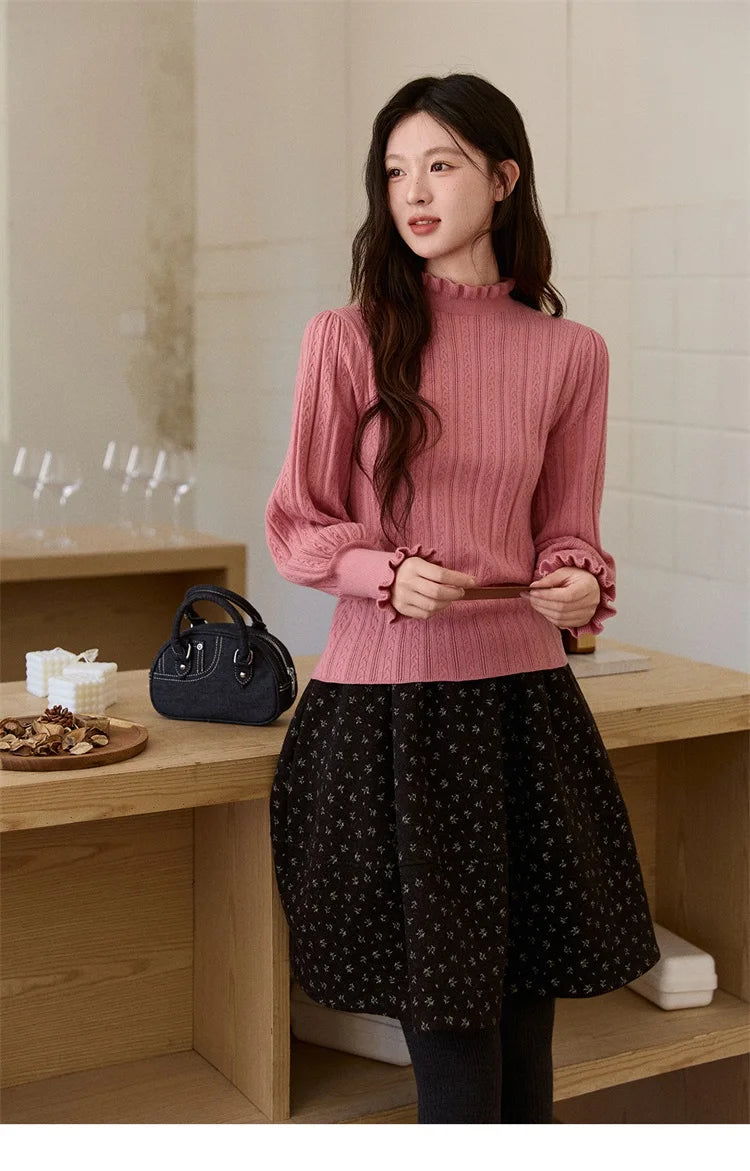 MISHOW Women's Half Turtleneck Ruffle Trim Lantern Sleeve Bottoming Tops 2025 Winter Vertical Rib Slim Knitted Top MXE93Z2810