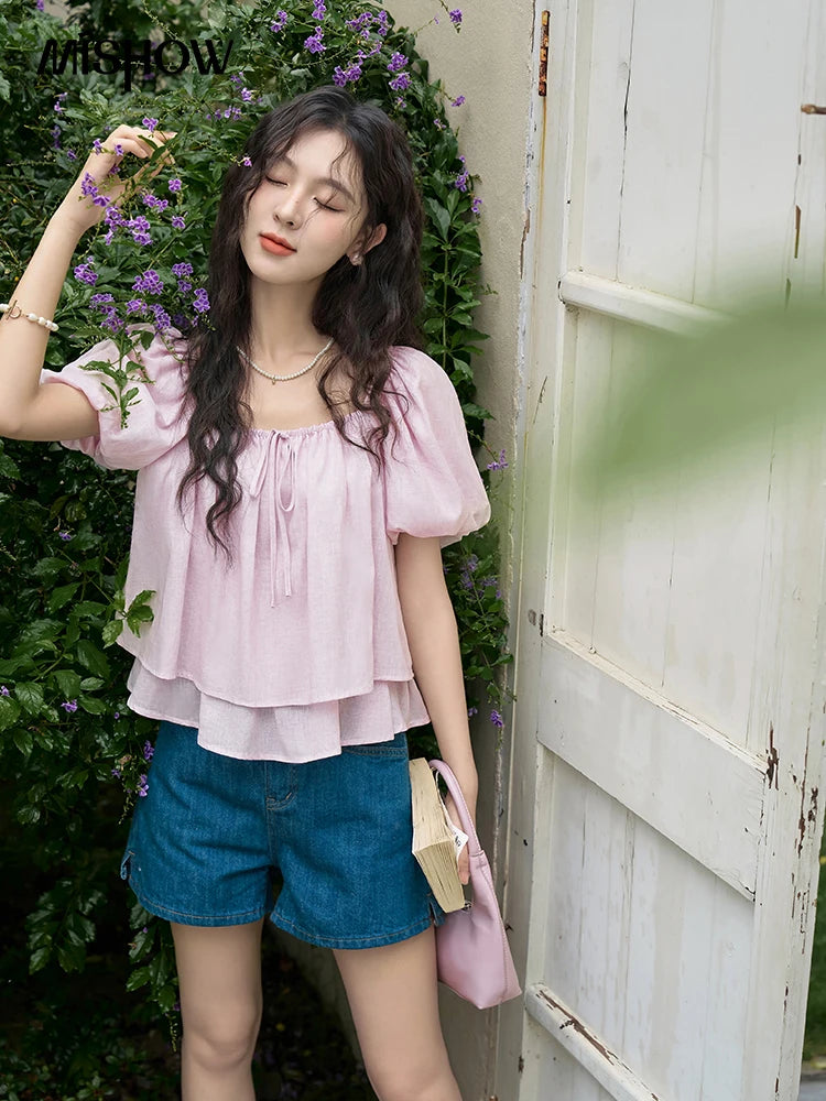 MISHOW French Square Neck Tied Lantern Sleeve Blouses 2025 Summer Double Layered Hem Puff Sleeve Solid Sweet Tops MXD26X1551