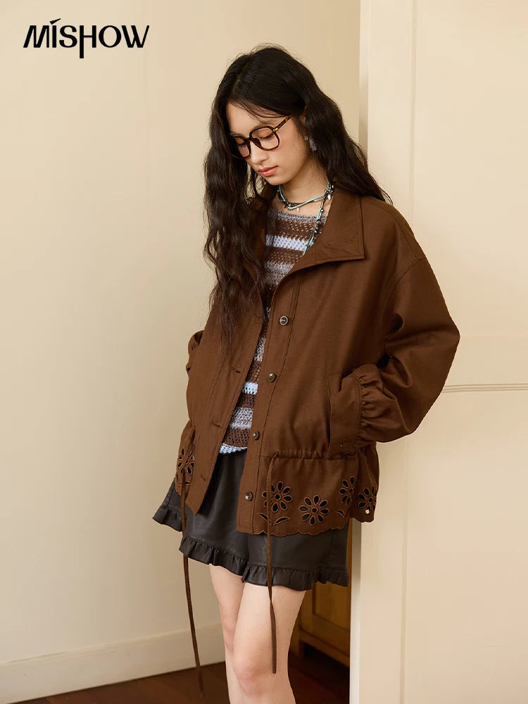 MISHOW Hollow Embroidered Trench for Women Autumn 2025 Drawstring Waist Coffee Jacket Lapel Single Breasted Coat MXE48W0855