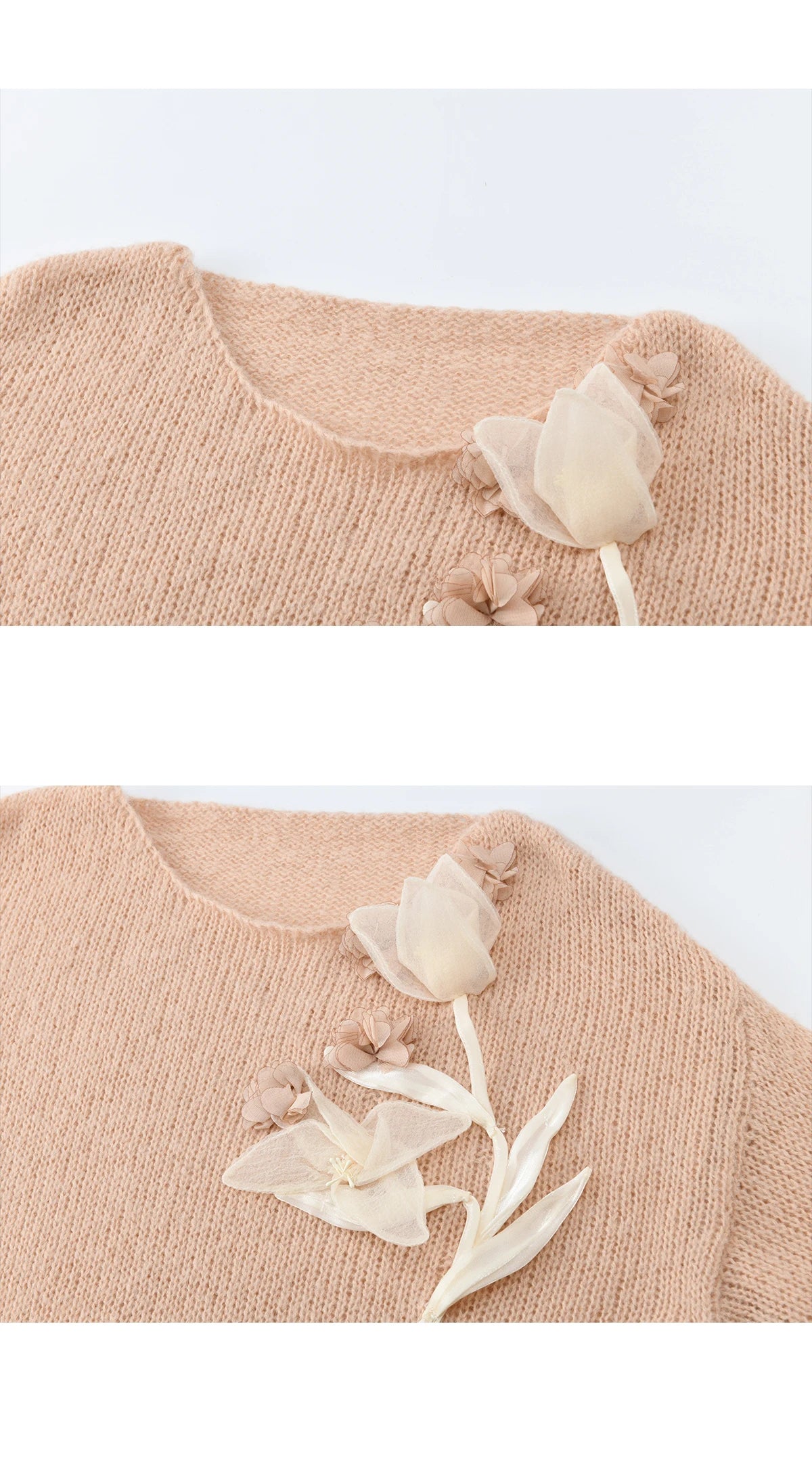 MISHOW 3D Floral Applique Crew Neck Knit Thin Sweater 2026 Spring Loose Casual Elegant Top Soft Pinkish Beige Sweater MXE47Z2649