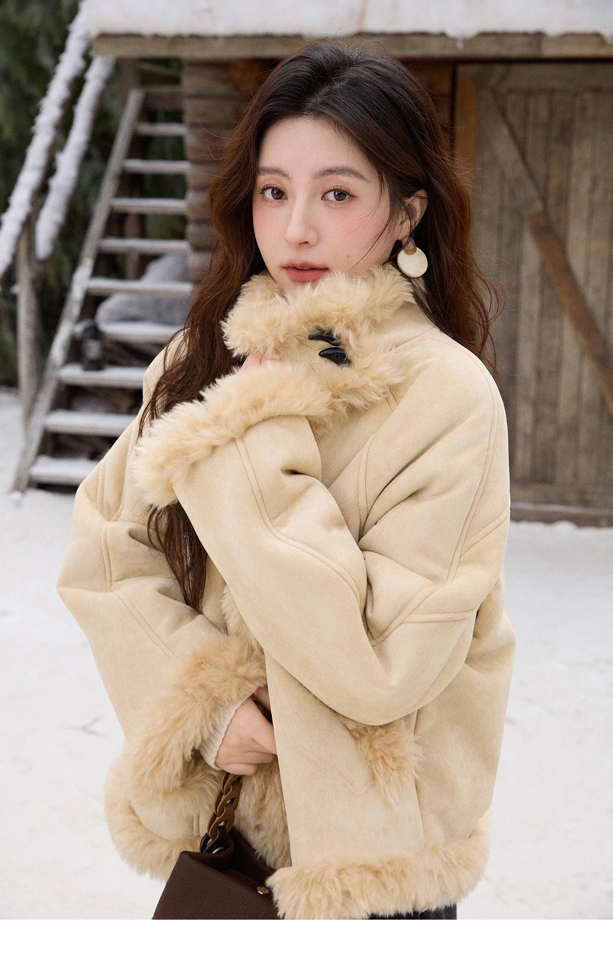 MISHOW Woman Yellow Jacket 2025 Warm Stand-up Collar Suede Coat Winter Shearling and Fur Trim Loose Thickened Coat MXE92W1017