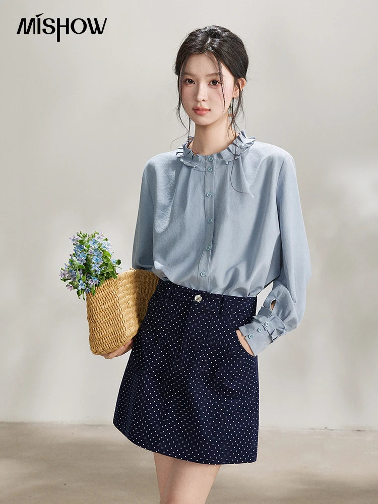 MISHOW Women's Peach Skin Solid Shirt 2026 Spring Ruffled Crew Neck Single-breasted Tops Casual Long Sleeve Shirts MXF11C2431