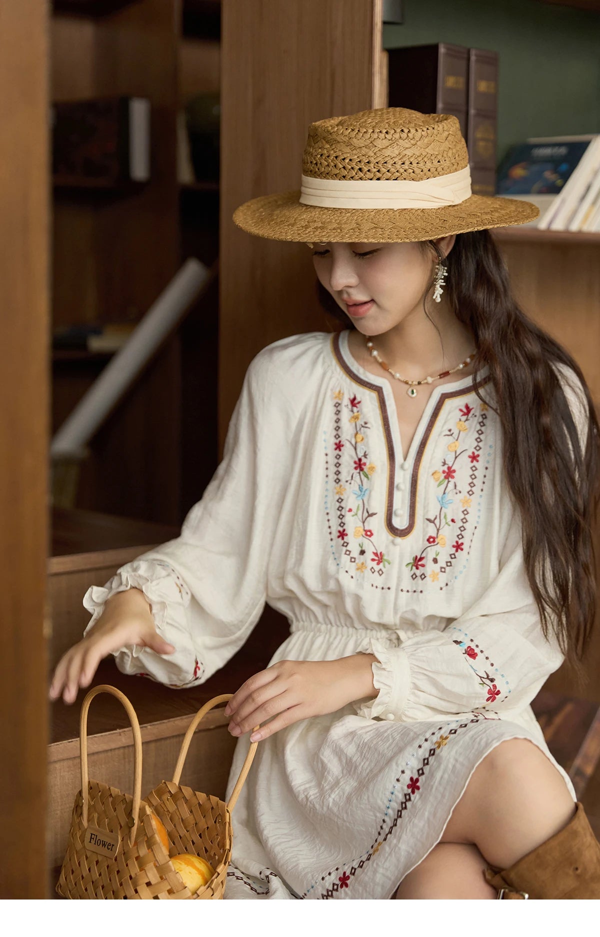 MISHOW Woman Long Sleeve Dress Autumn Elegant V-neck Embroidered Drawstring Waist Dress A-line Bohemian Midi Dresses MXE44L2489