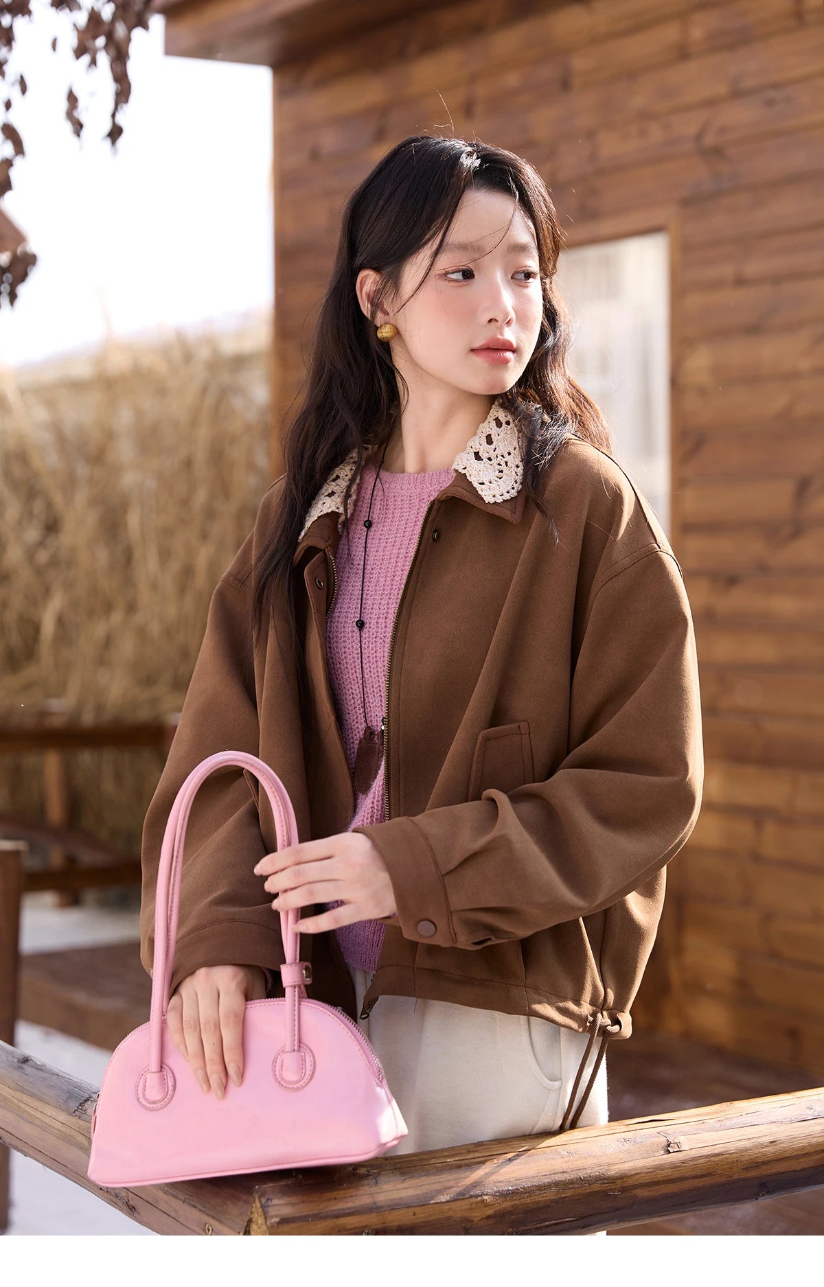 MISHOW Brown Jacket for Women 2025 Autumn Winter Retro Detachable Lace Collar Drawstring Hem Jacket Women's Clothing MXE45W0846