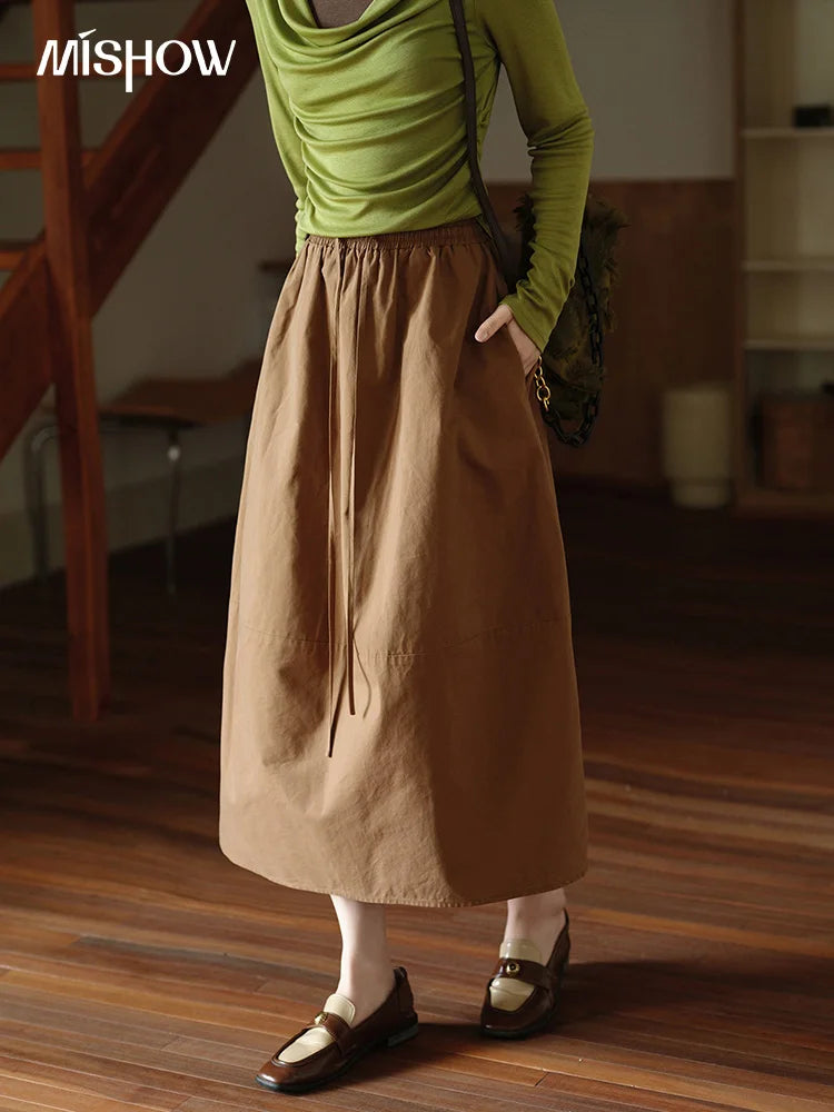 MISHOW Autumn Brown Cotton Bud Skirt 2025 Autumn Elastic Drawstring High Waist Slim A-line Casual Skirt with Pocket MXE41B2367