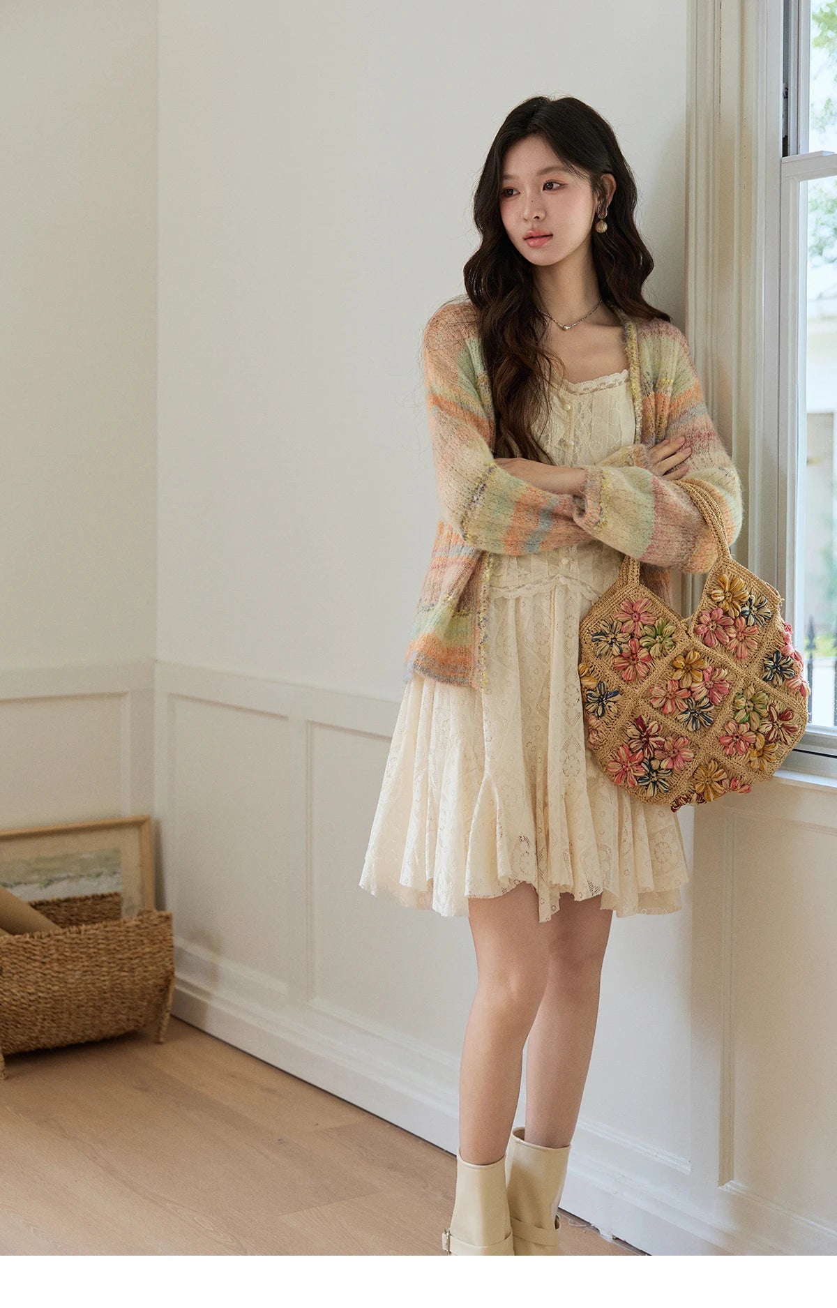 MISHOW Women's Gradient Striped Knit Cardigan 2026 Spring V Neck Single Breasted Casual Thin Soft Rainbow Sweater MXF13Z3019