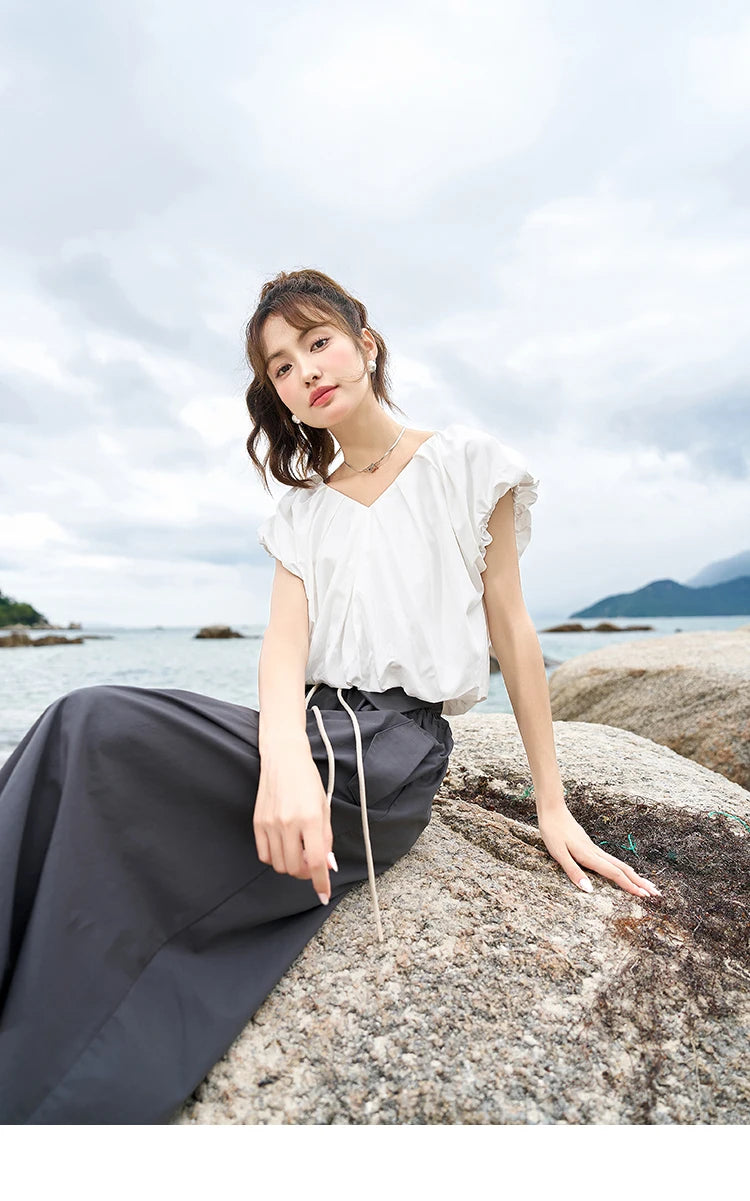 MISHOW Soft Blouses for Women 2025 Summer French Rear Collar Tie Up Solid Short Sleeve Solid V Neck Puff Sleeve Tops MXC38X1275