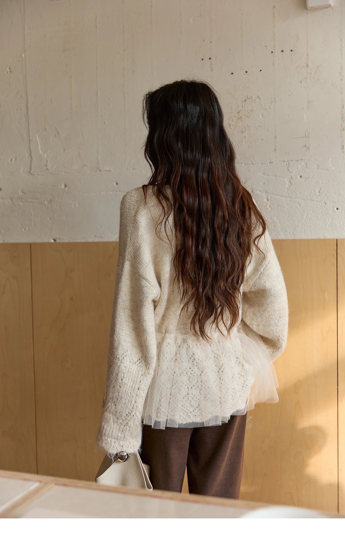 MISHOW Apricot Mesh Stitching Knit Cardigan for Woman Fashion Drawstring Waist Three-dimensional Flower Loose Sweater MXE88Z2707