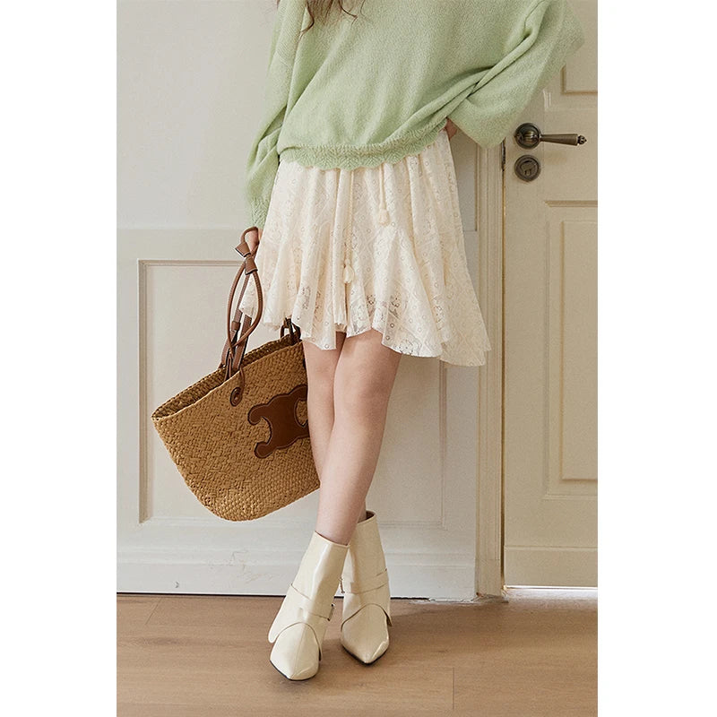 MISHOW Women's Beige Apricot Lace Midi Skirt 2026 Spring High Waist Flowy A-Line Skirts Irregular Romantic Skirt MXF108B0768