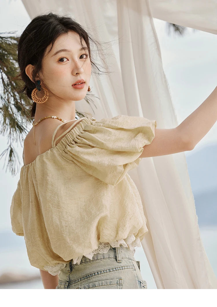 MISHOW French Summer Camisole Shirt Female 2025 New Solid Off-shoulder Short Sleeve Lace Tops Fashion Gentle Blouses MXE33X1755