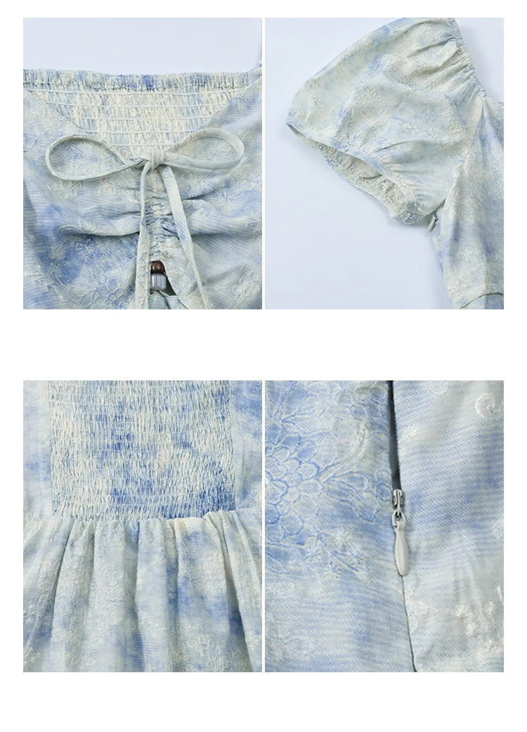 MISHOW Women's Fashion V-neck Lace Up French Dress 2025 Summer Puff Sleeve Embroidery Flower Dress Female Clothing MXE38L2379