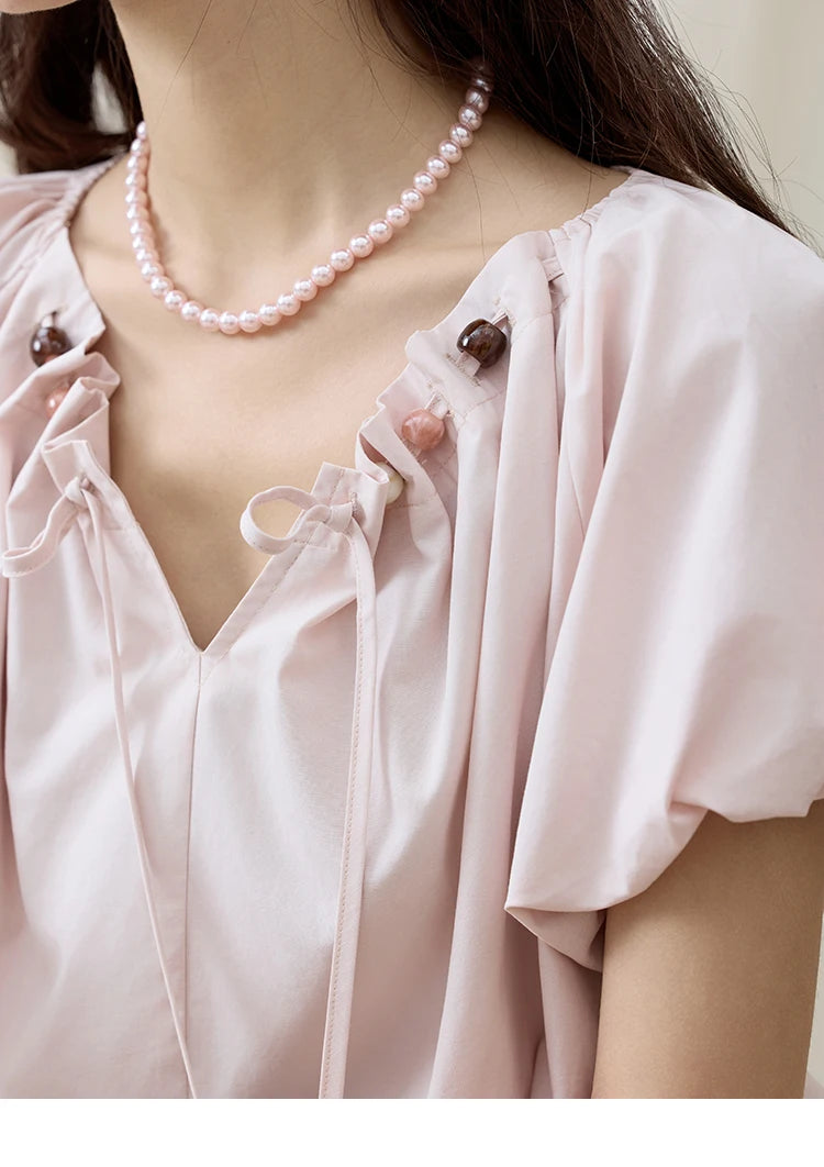 MISHOW Solid French Summer Blouses Woman 2025 New Short Puff Sleeve V-neck Beaded Retro Shirts Women Fashion Tops MXE33X1757