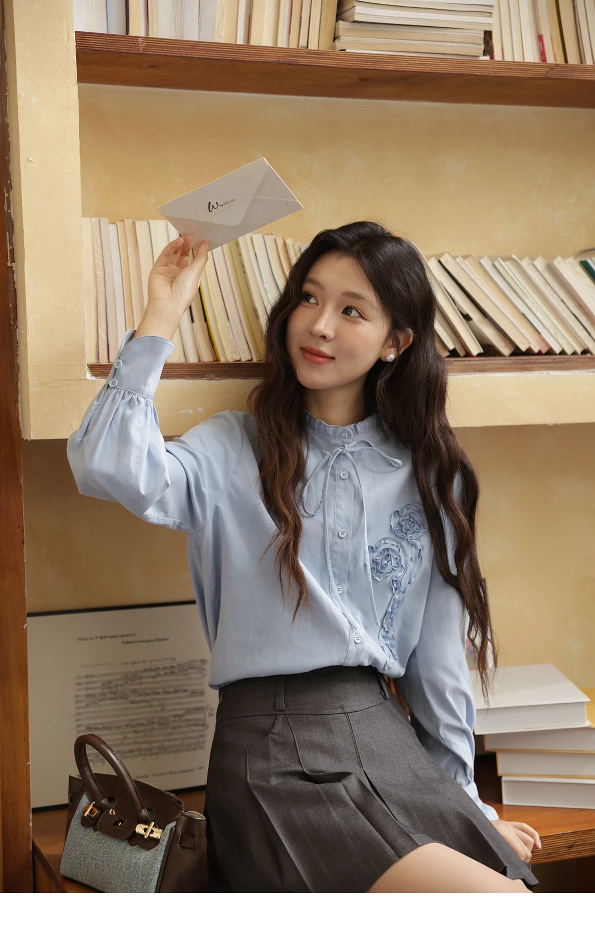 MISHOW Coiled Flowers Embroidered Blue Shirt for Women Autumn 2025 Stand Neck Lace-up Brushed Shirts Office Lady MXE44C2398