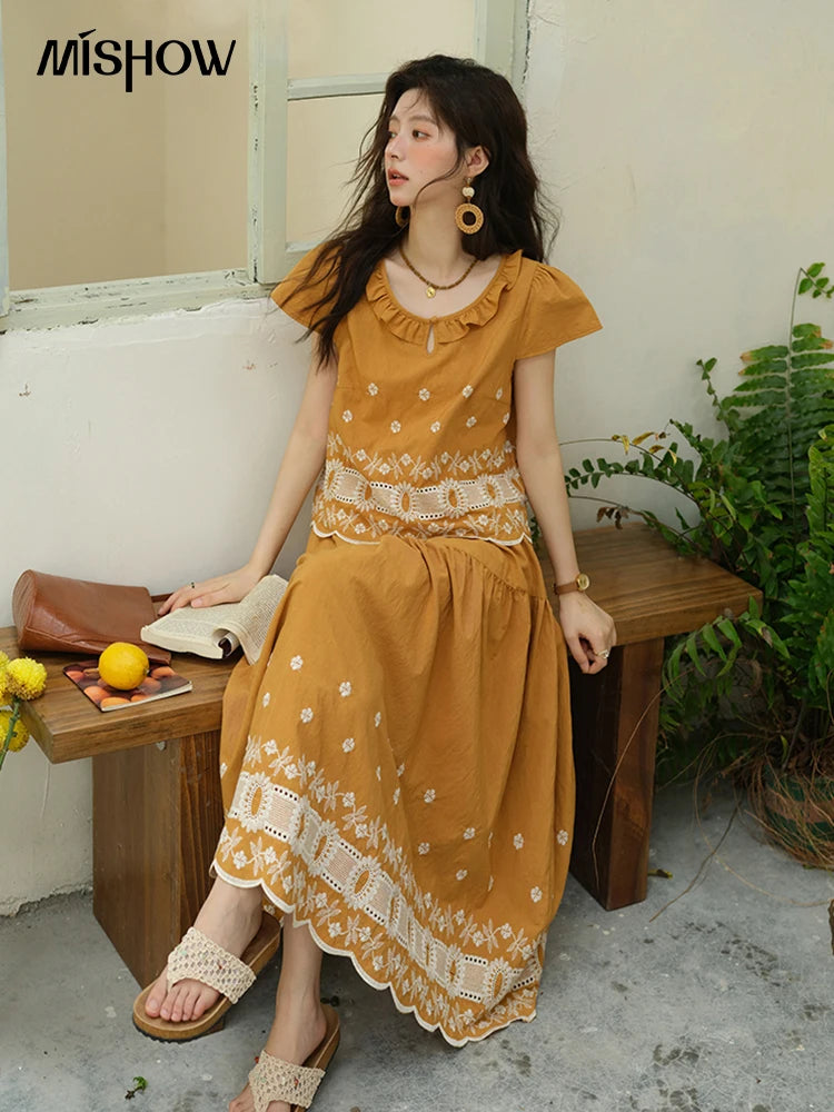 MISHOW Women's Clothing Two Piece Set 2025 French Lace Embroidery Blouse A-line Straight Half Skirt Ladies Summer Set MXE39T0645