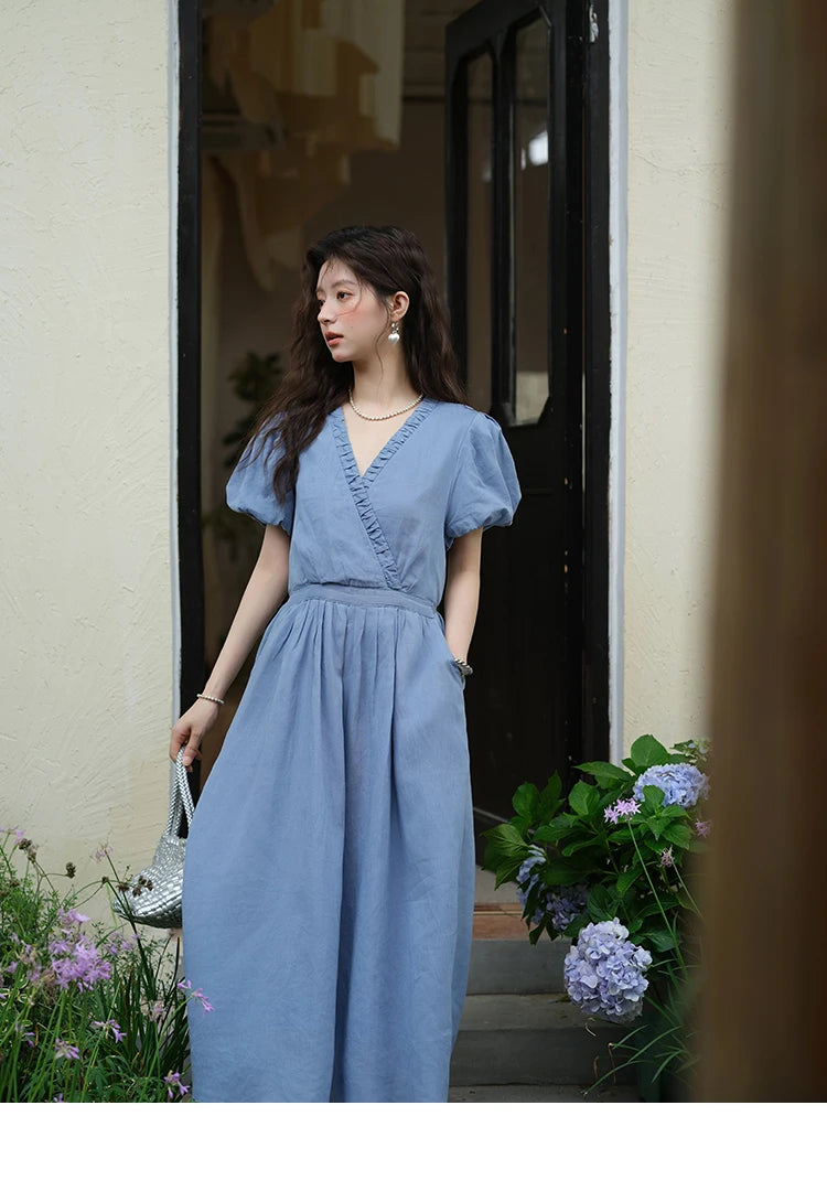 MISHOW Summer Fashion V-neck Dress Woman 2025 New Puff Sleeve Sashes Elegant Pocket Vacation Dresses Ladies Clothing MXE39L2381