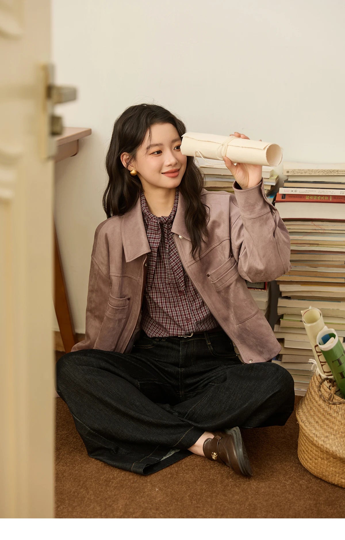 MISMHOW Taro Purple Leather Jacket Autumn 2025 Contrasting Splic Short Jackets Symmetrical Double-layer Pocket Coat MXE44W0816