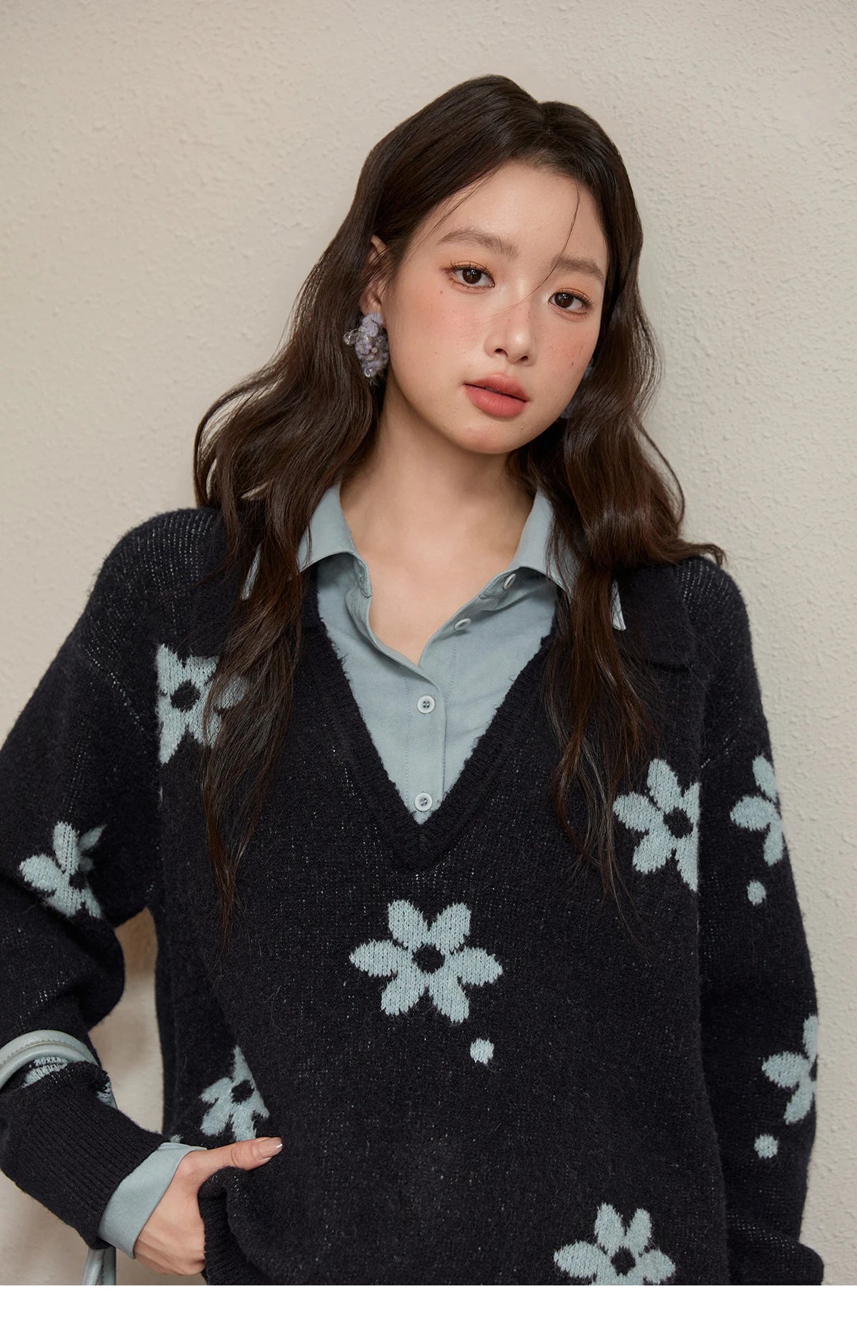 MISHOW Dark Blue Fake Two-piece Pullovers for Women 2025 Autumn Winter New Turn-down Collar Flower Pattern Sweater MXE51Z2554