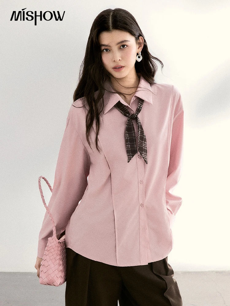 MISHOW Women's Casual Loose Shirt with Plaid Scarf 2026 Spring Lapel Tops Versatile Long Sleeve Shirts Office Lady MXF108C0815