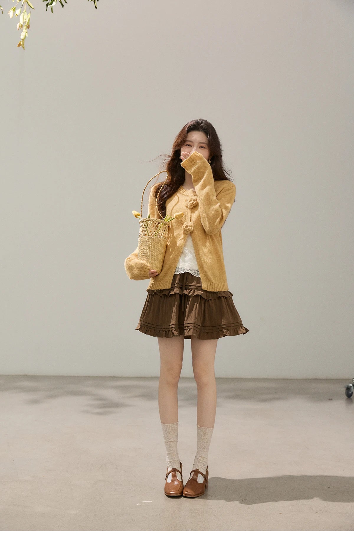 MISHOW Women's Flower Decor Mohair Fork Knit Cardigan 2026 Spring Crew Neck Long Sleeve Tops Casual Solid Sweater MXF15Z3051