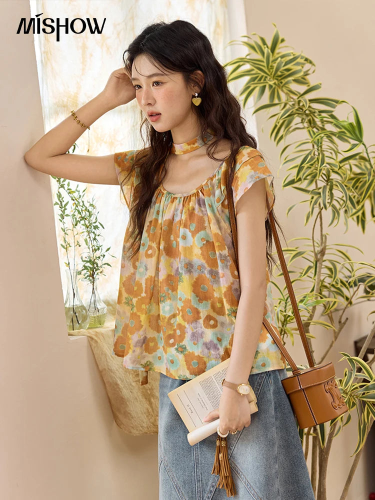 MISHOW 100 Cotton Citrus Oil Painting Printed blouse for Women 2025 Summer Vacation Korean Flying Sleeve Casual Top MXE36X1872