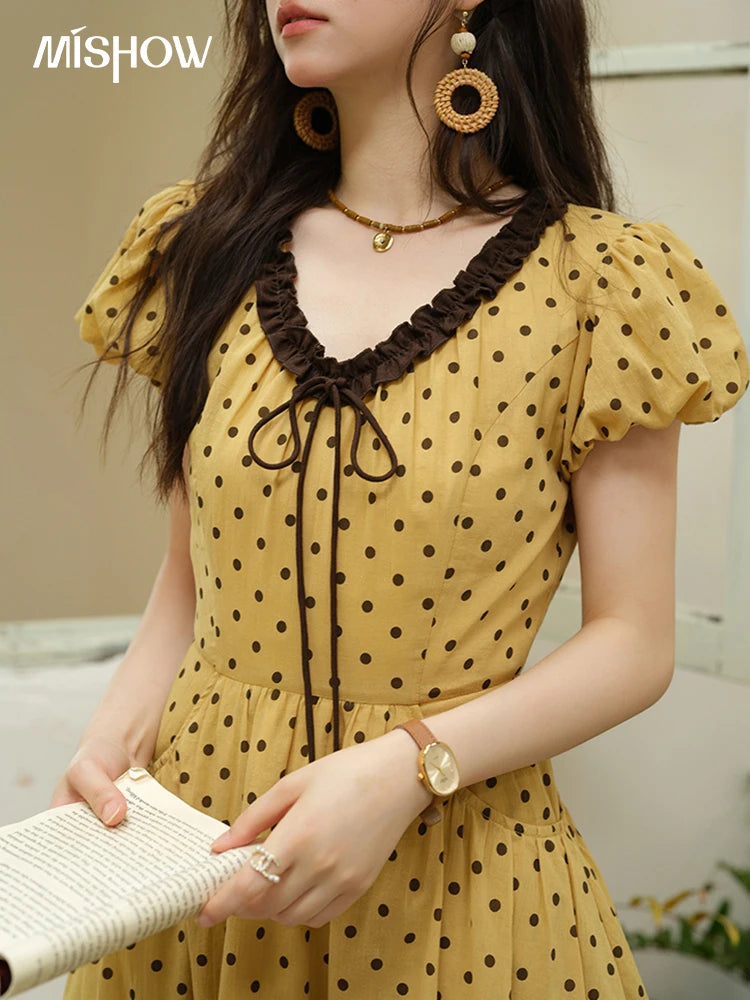 MISHOW Women's Casual Polka Dot Dress 2025 Summer New Ladies Puff Sleeve V-neck Lace Up Ruffle Edge Pocket Dresses MXE39L2326