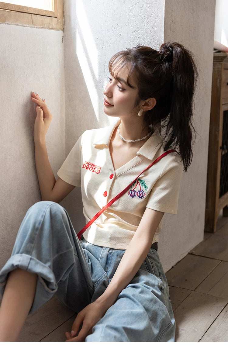 MISHOW Summer T-shirts for Women Korean Fashion Polo Collar Embroidery Letter Short Tops Harajuku Casual Solid Tees MXB32T0477