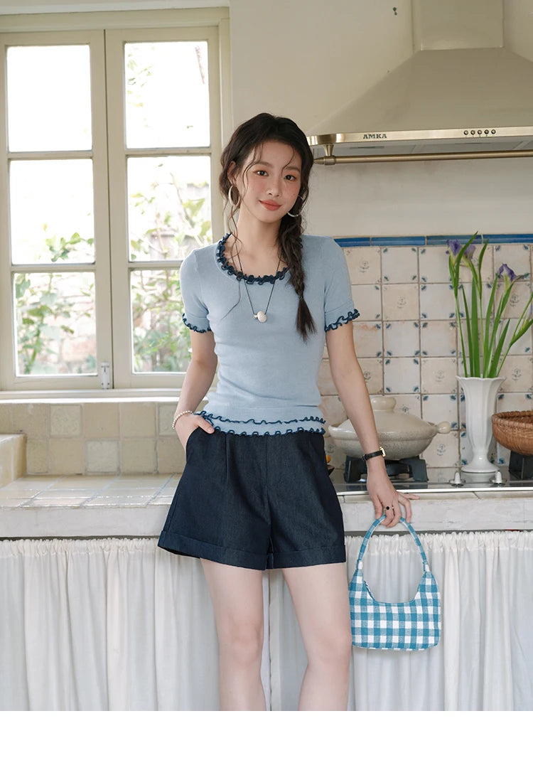 MISHOW Women's Round Neck Knit T-shirt Summer 2025 Fashion Ear Edge Short Top Casual Short Sleeve Tee Female Clothing MXE32Z1233