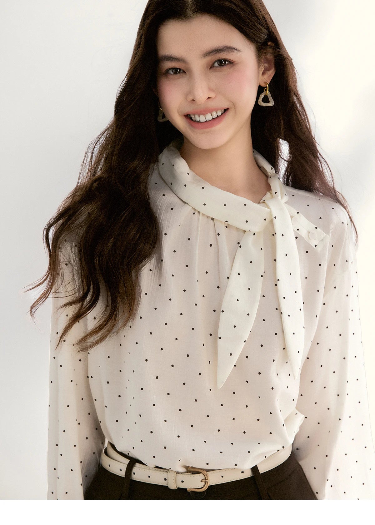 MISHOW Women's White Polka Dot Blouse Spring Bow Tie Neck Sheer Chiffon Blouses Casual Long Sleeve Top Office Lady MXF13X2531