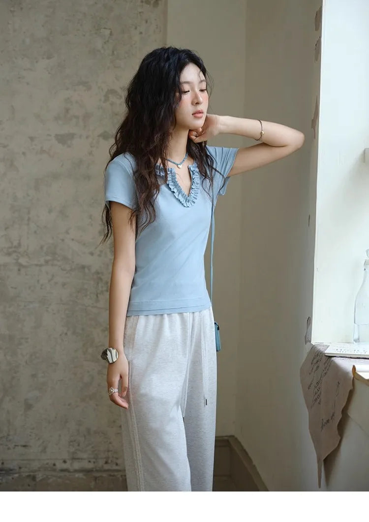 Mishow Lace V-Neck Short Sleeve Tee MXE35T0562