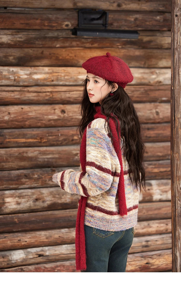 MISHOW Striped Sweaters Short Contrast Color Loose Casual O-Neck Single Breasted Tops Soft Warm Knitted Cardigans MXD59Z1061