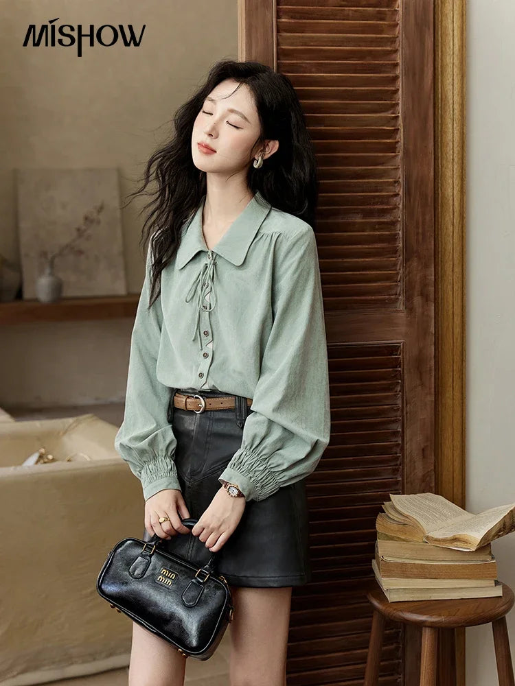 MISHOW Vintage Green Blouse Women French Lapel Bow Lace-up Top 2025 Autumn Sweet Shirt Sleeve Outwear Commute Shirts MXD44C0337