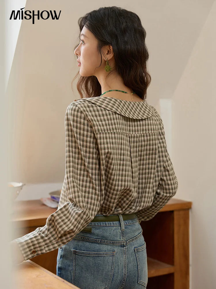 MISHOW Women's Casual Shirts Cotton Autumn Side Slit Pockets Plaid Shirts Commute Elegant Chic Woman Top with Belt MXE44X2469