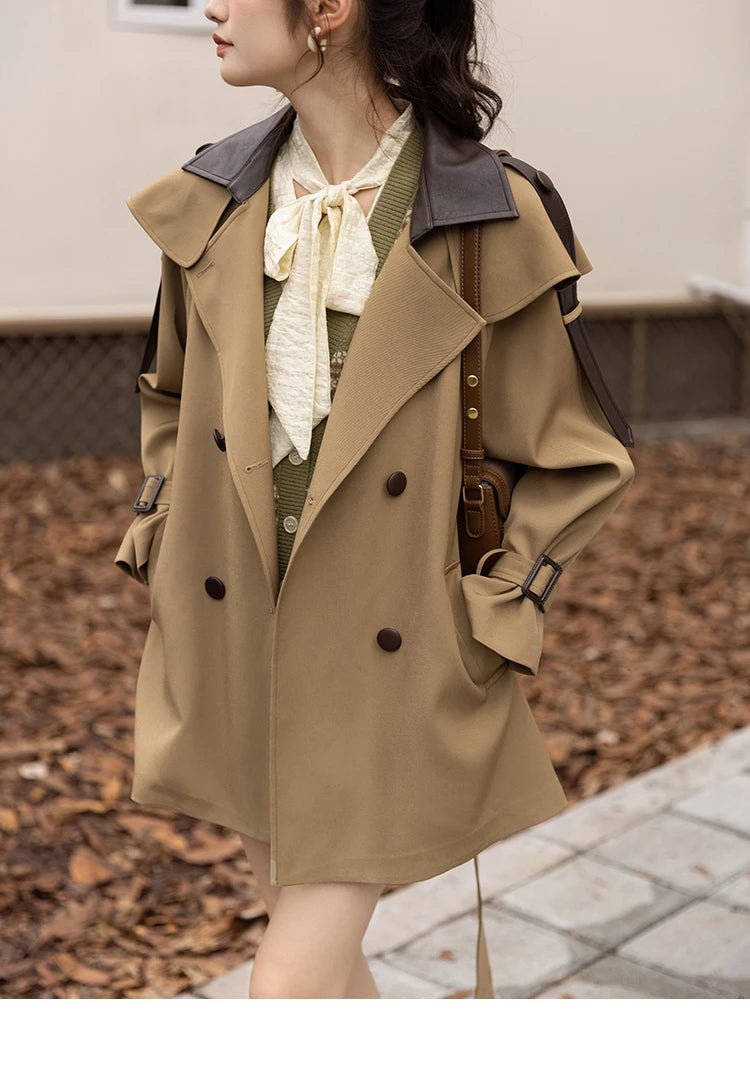 MISHOW Trench Coats for Women Autumn Korean Office Lady Polo Collar Patchwork Long Mid-length Jacket Female Outerwear MXB33W0399