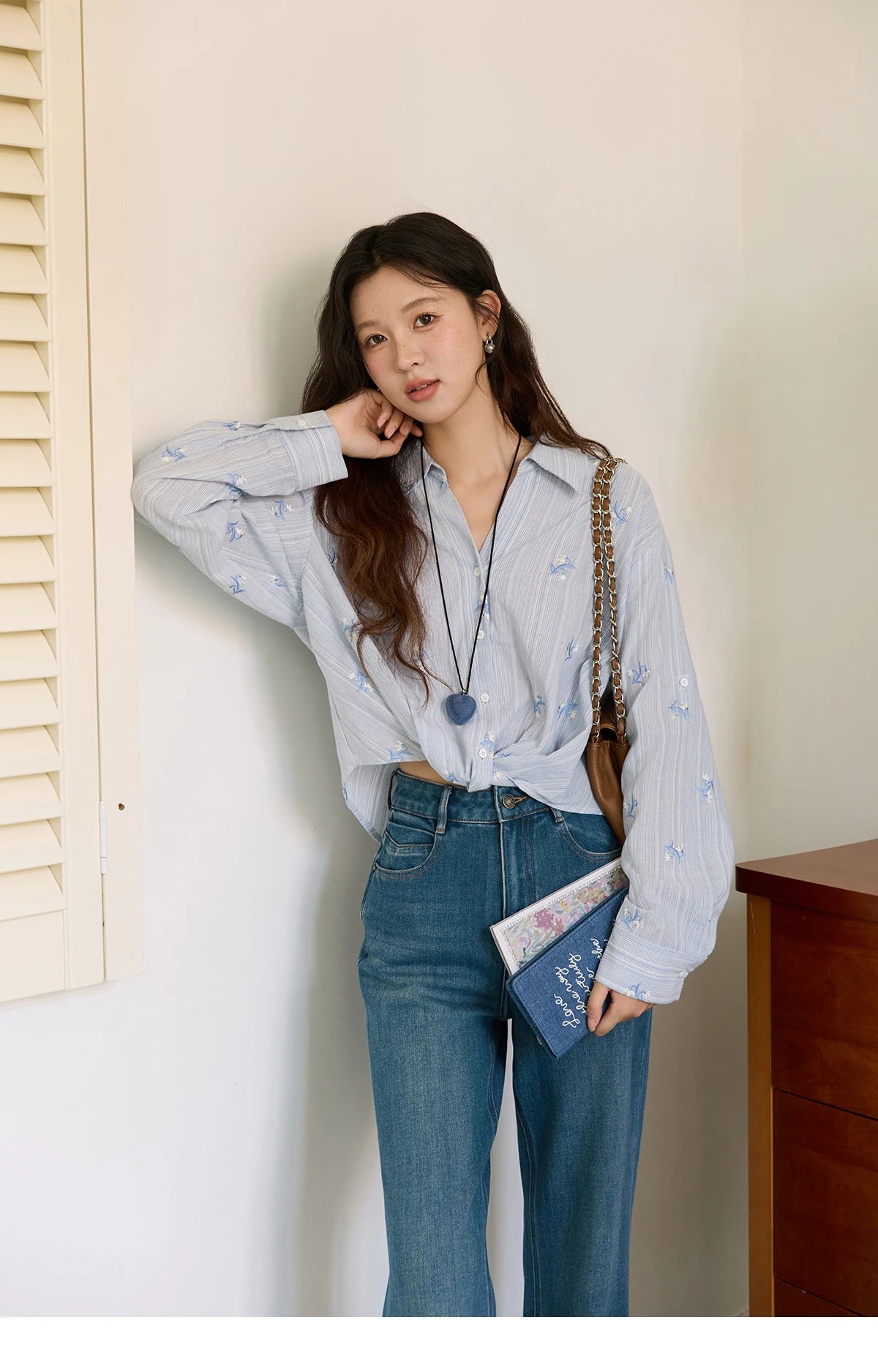 MISHOW Long Sleeve Shirts for Woman 2025 Autumn Retro Blue Single-breasted Blouse Floral Embroidery Casual Tops MXE45X2495